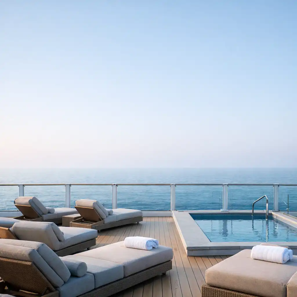 Serene adult-only relaxation deck with padded loungers, a plunge pool, and calm ocean horizon