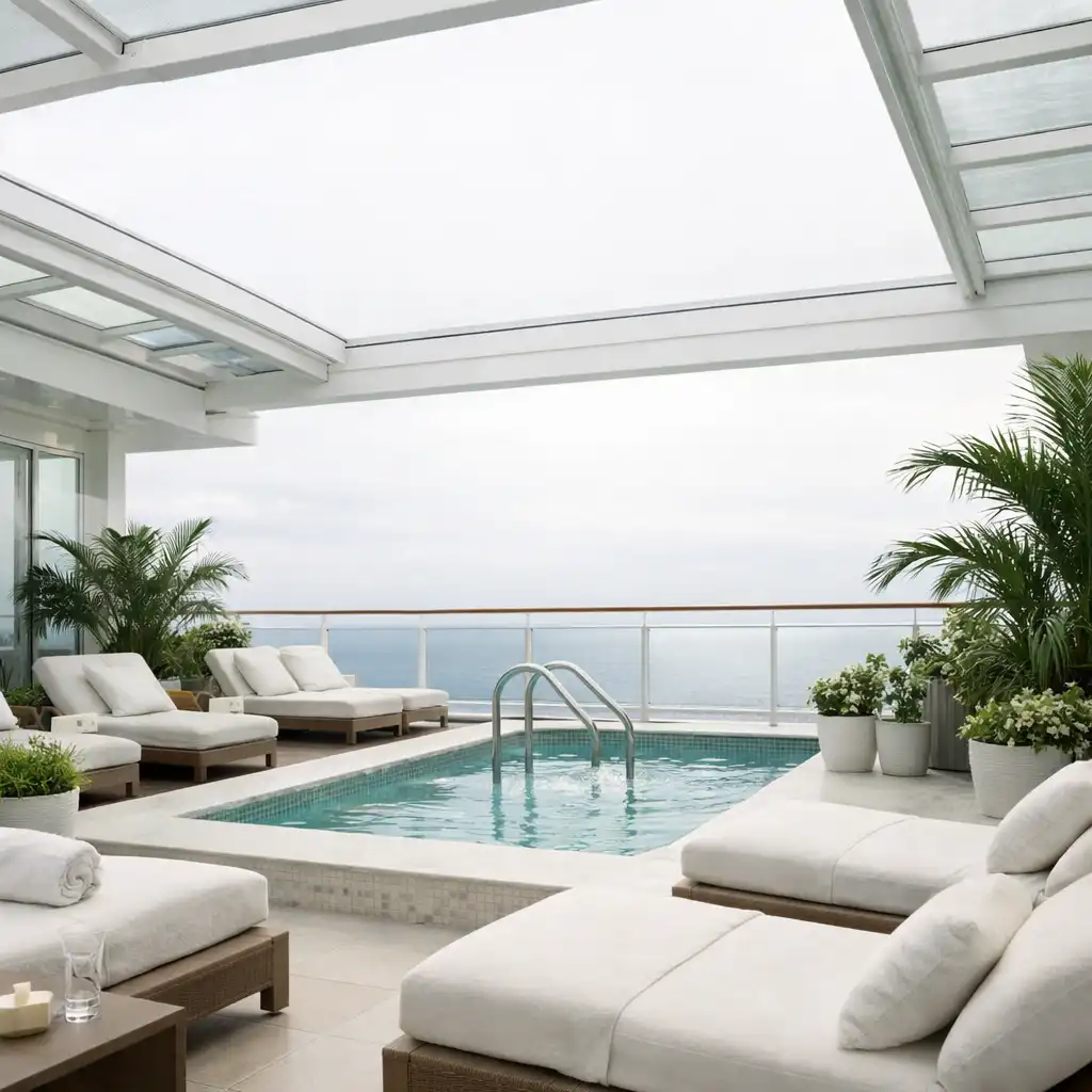 Tranquil adult-only solarium with glass roof and loungers