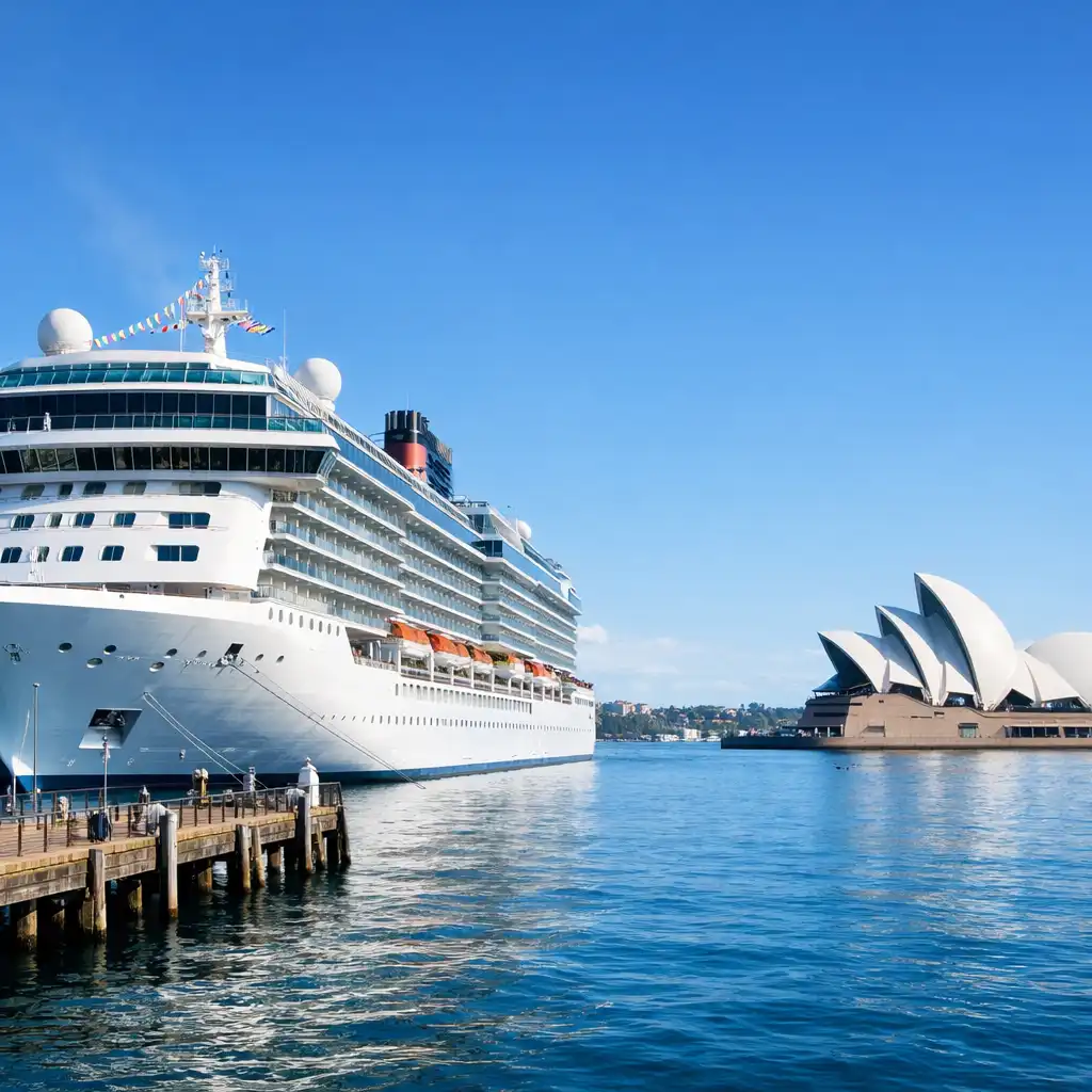 A cruise ship docked at a modern Australian port with the Sydney Opera House in the distance