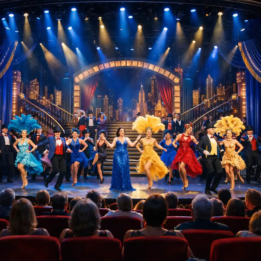 Grand theatre on a cruise ship during a Broadway-style show with elaborate staging and dramatic lighting
