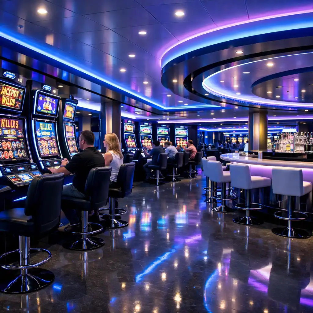 Modern onboard casino lounge with sleek lines, blue and purple LED lighting, and high-tech slot machines