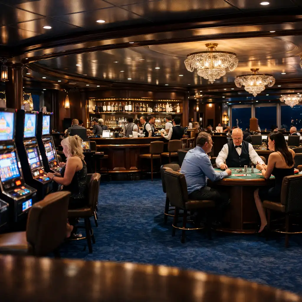 Glamorous casino lounge with dark wood, brass fixtures, slot machines, and a bar in the background