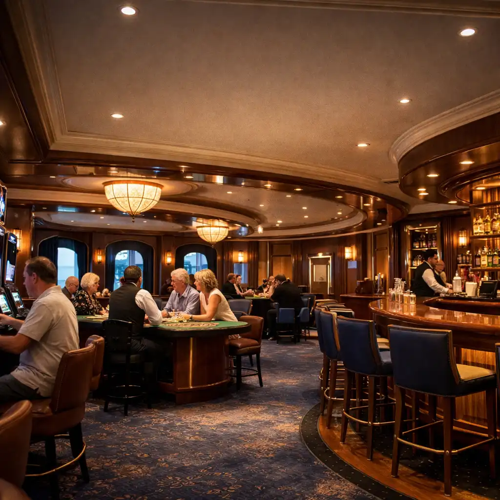 Luxurious onboard casino lounge with rows of slot machines and elegant brass and dark wood decor