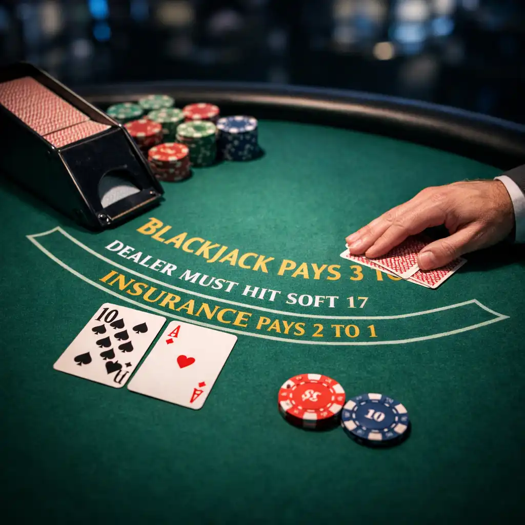 Close-up of a blackjack table with pristine green felt, cards, chips, and dramatic focused lighting