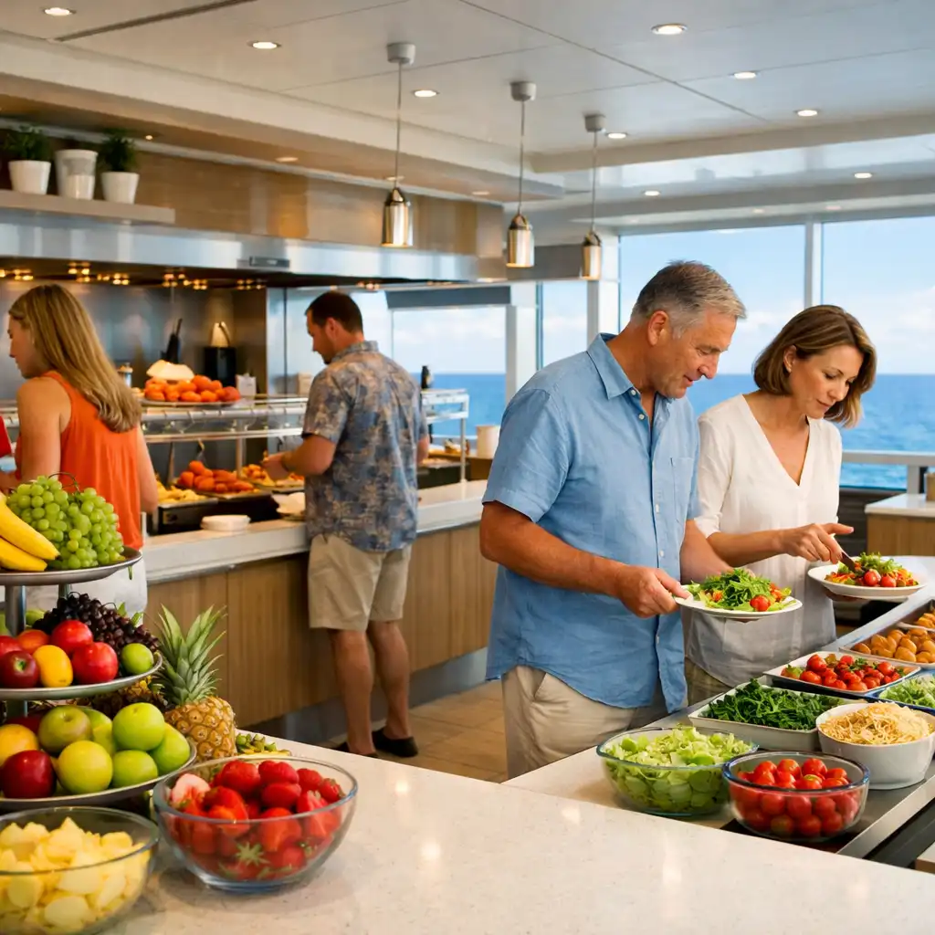 Bright casual buffet area with fresh food stations and ocean views