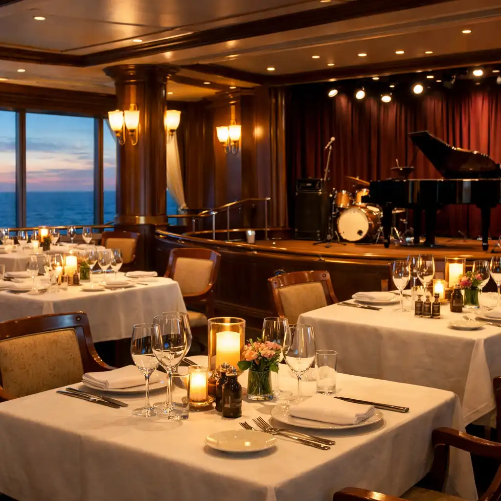 Elegant cruise ship specialty restaurant with fine dining tables and a stage in the background