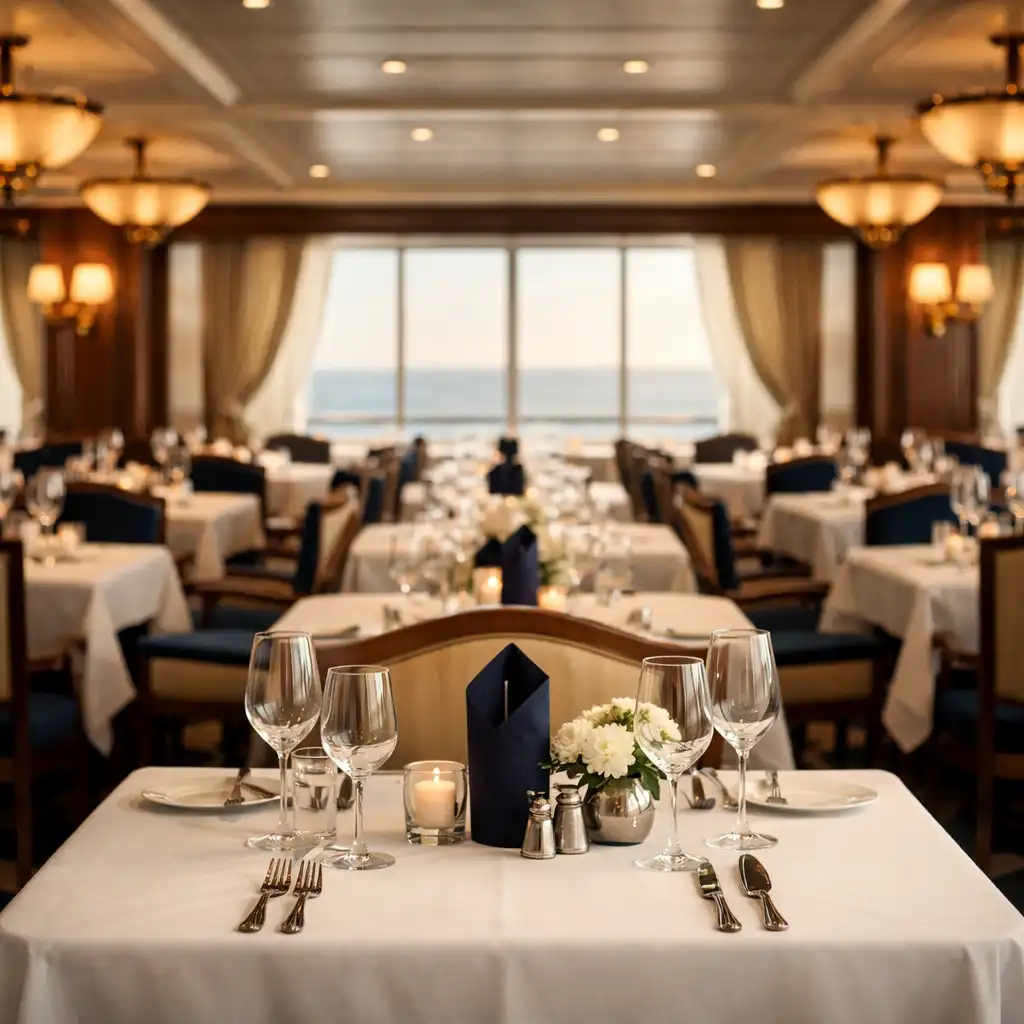 Elegant main dining room with white tablecloths and ocean-view windows