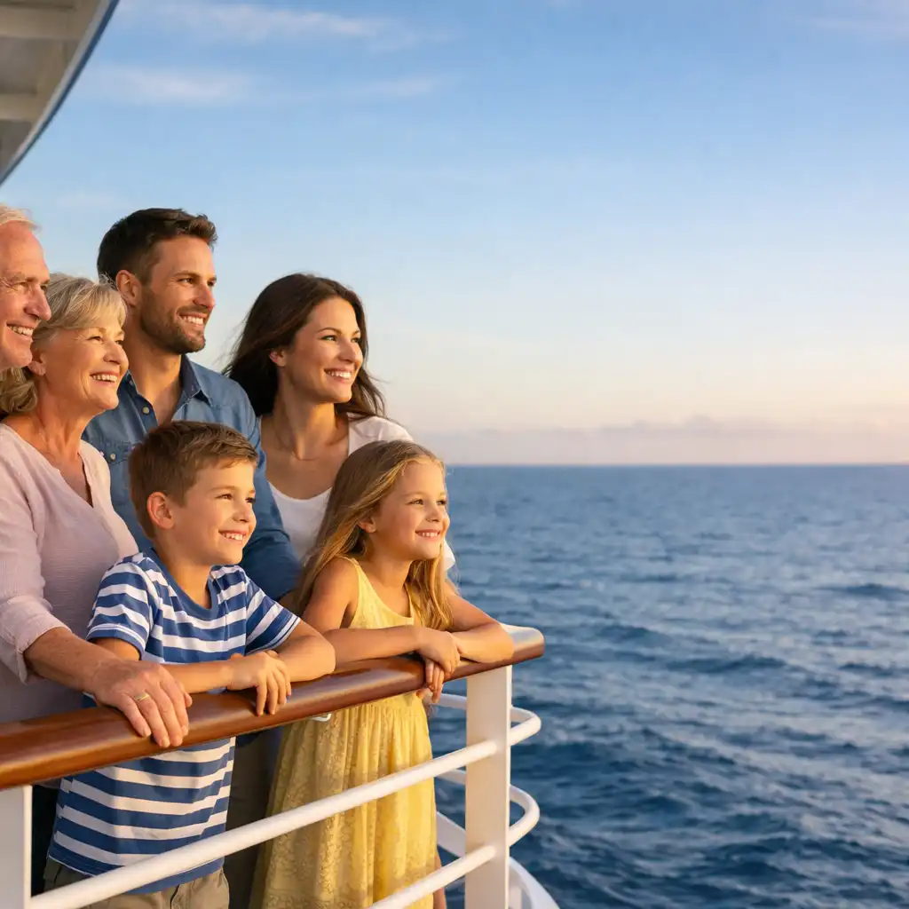 A multi-generational family smiling together on the deck of a modern cruise ship, with blue ocean and warm sunlight behind them