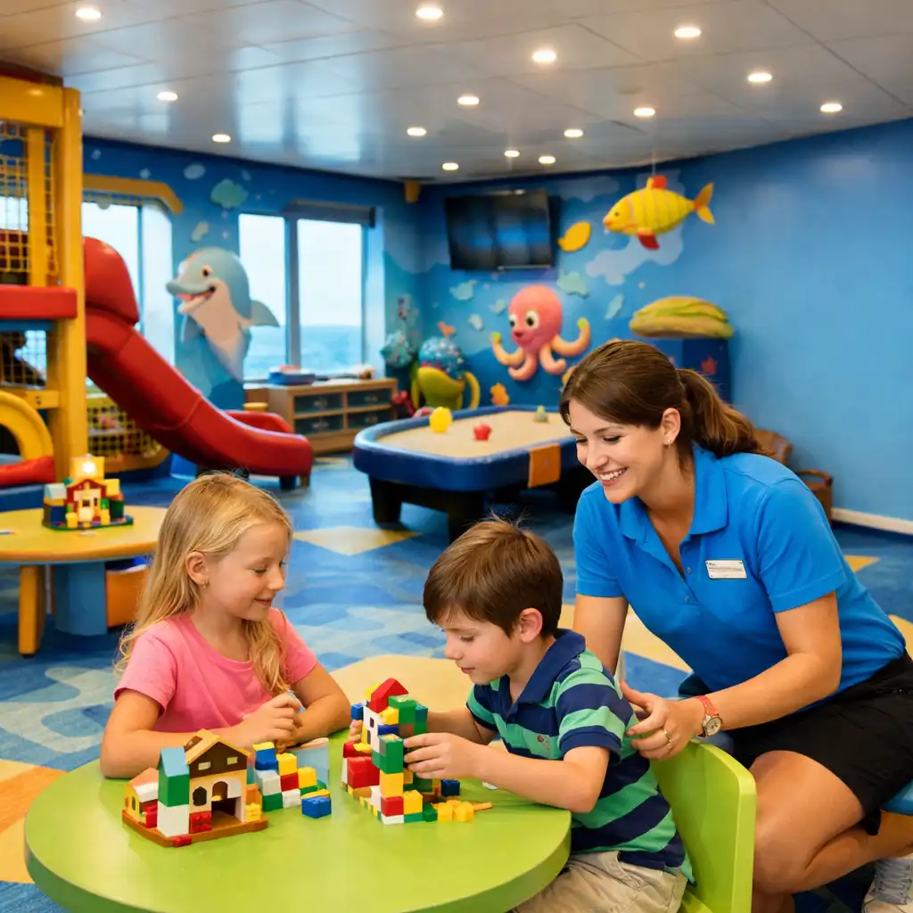Vibrant kids' club with play structures and engaged children
