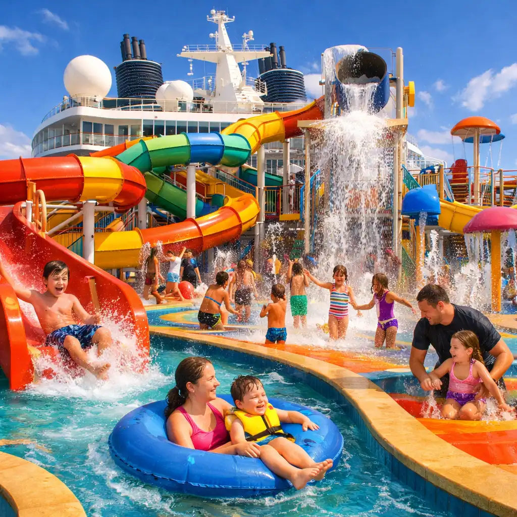 Families enjoying a colourful cruise ship water park with slides, a splash zone, and a lazy river under a bright blue sky
