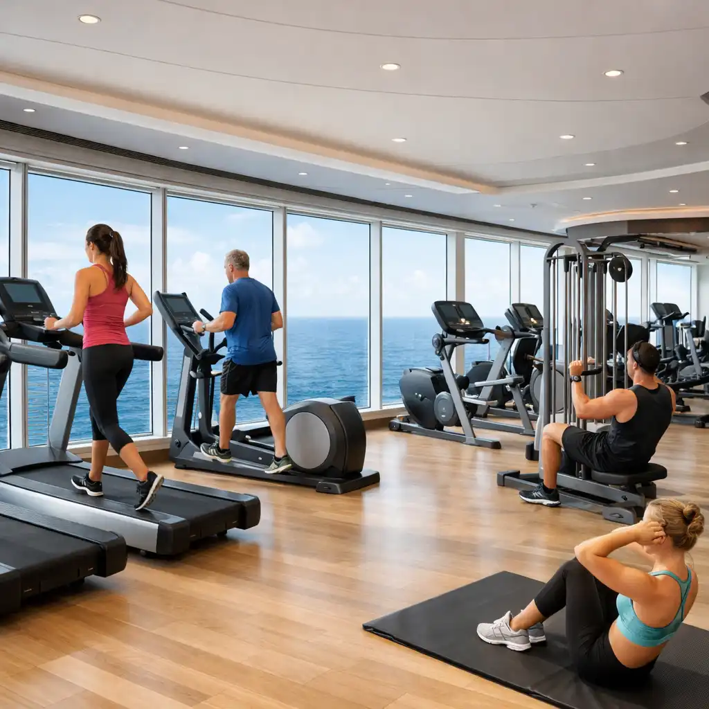 Modern fitness centre with ocean-view windows and equipment