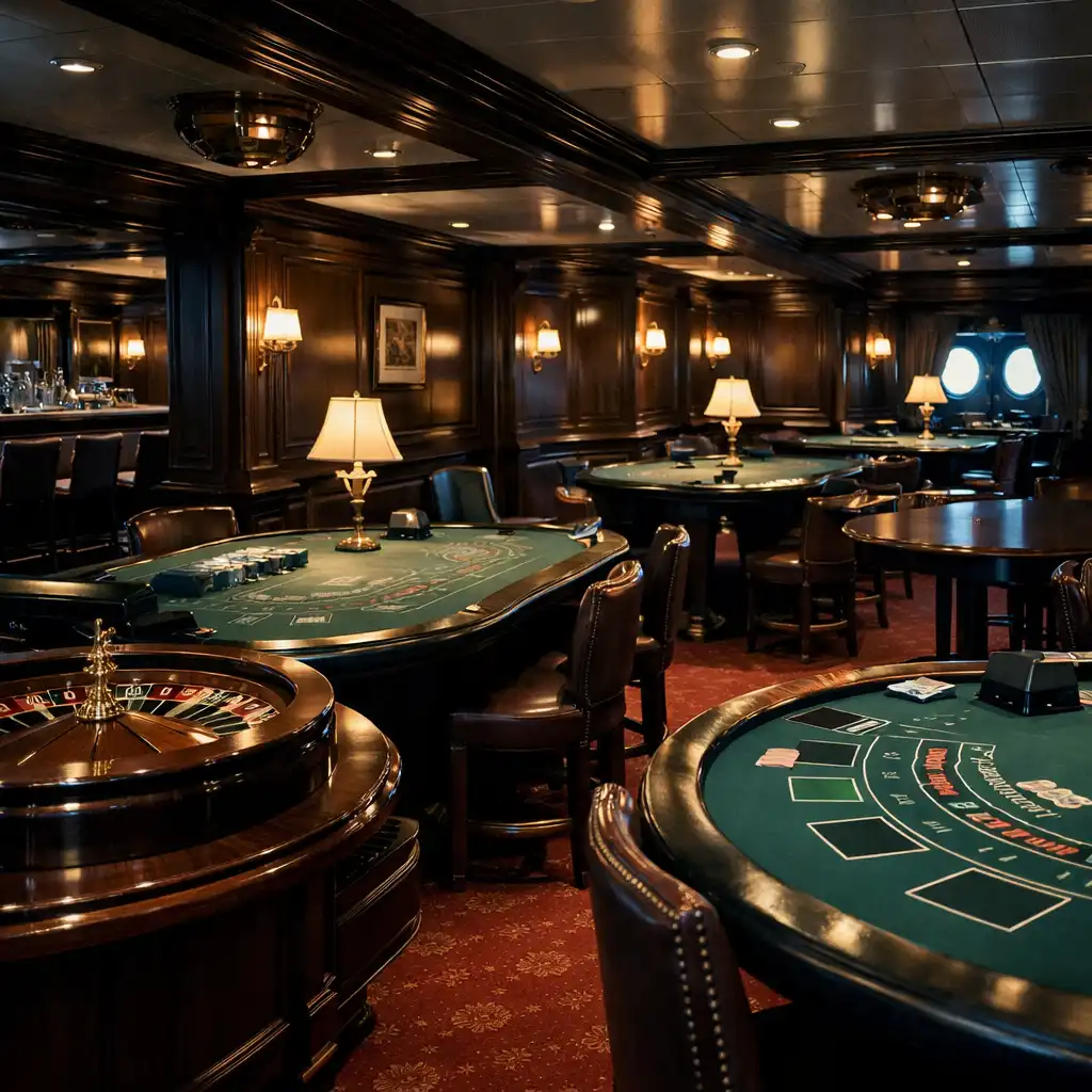 Classic cruise ship gaming lounge with dark wood walls, brass accents, and neatly arranged roulette and blackjack tables