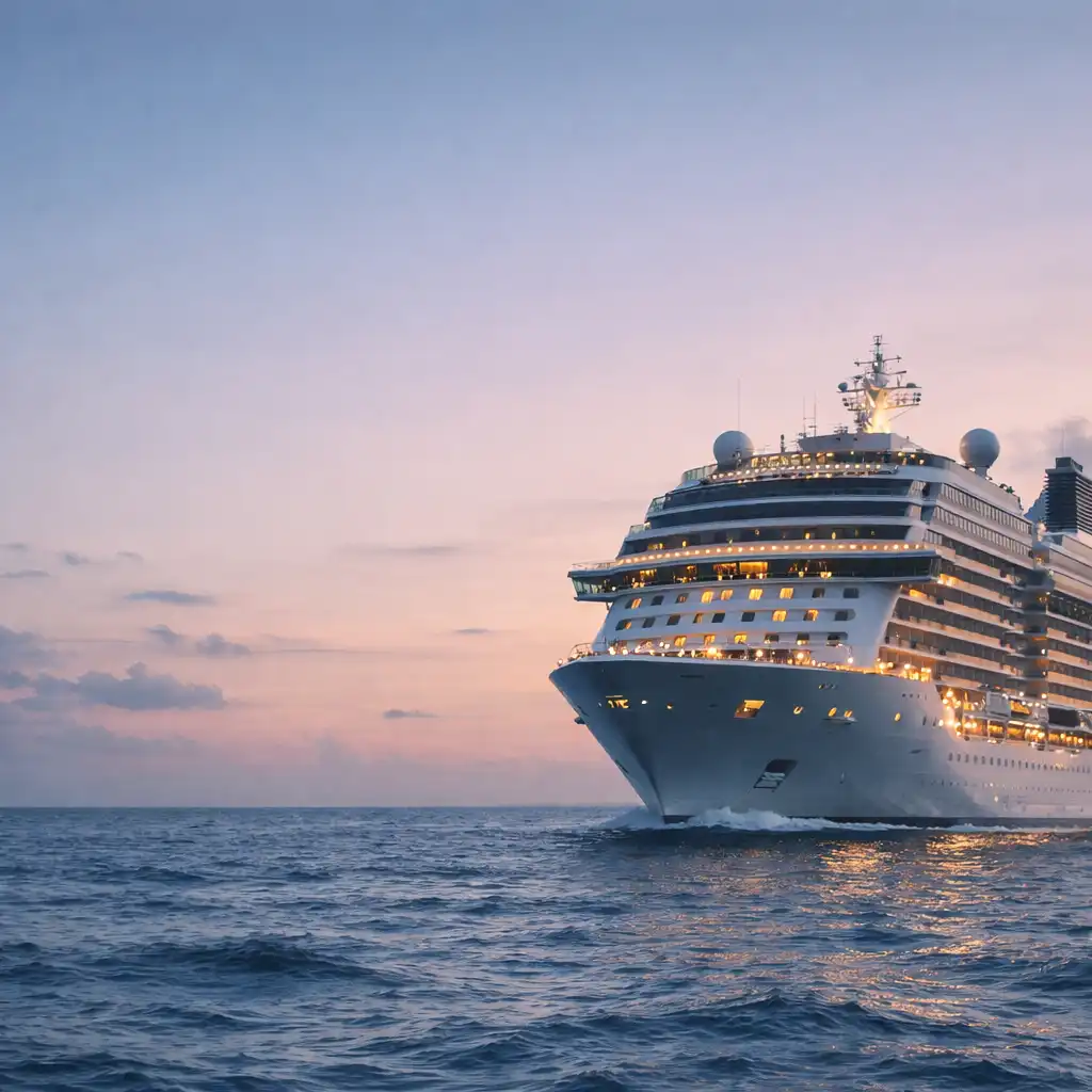 A luxury cruise ship at sea during golden hour