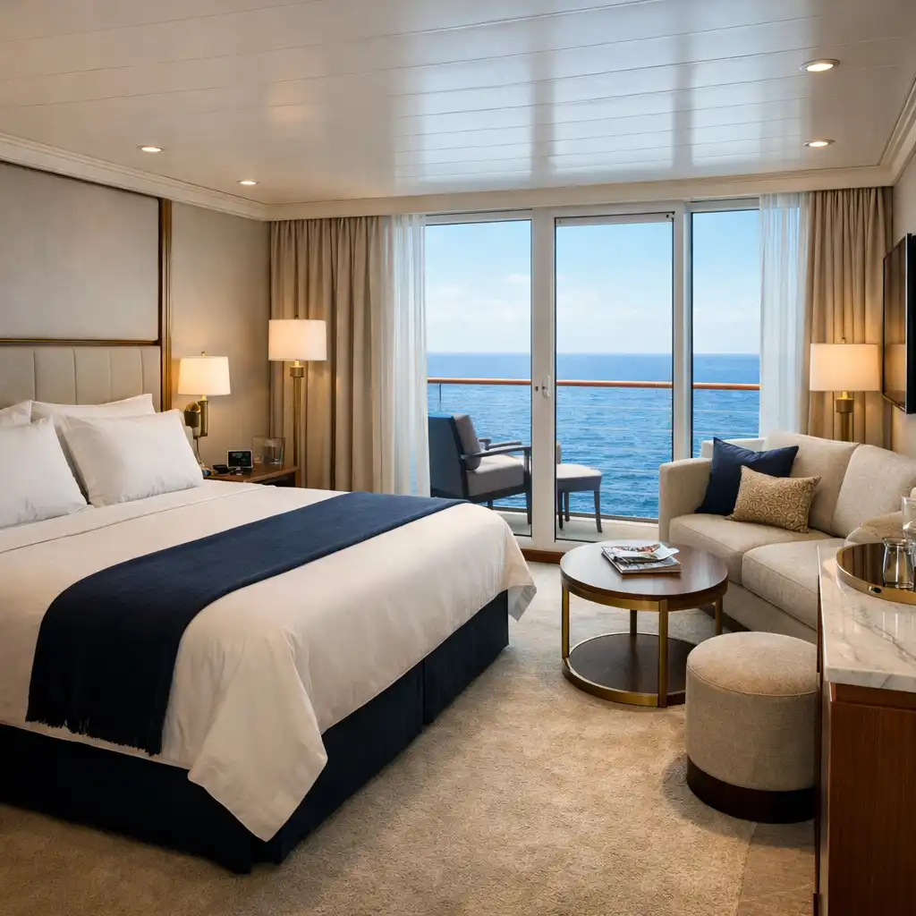 Luxury ocean-view suite with king bed, sitting area, and floor-to-ceiling windows overlooking the sea
