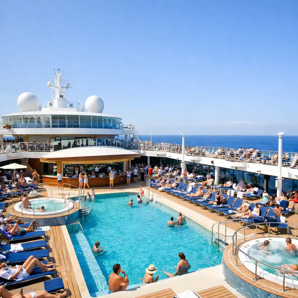 Sprawling main pool deck with loungers and poolside bar