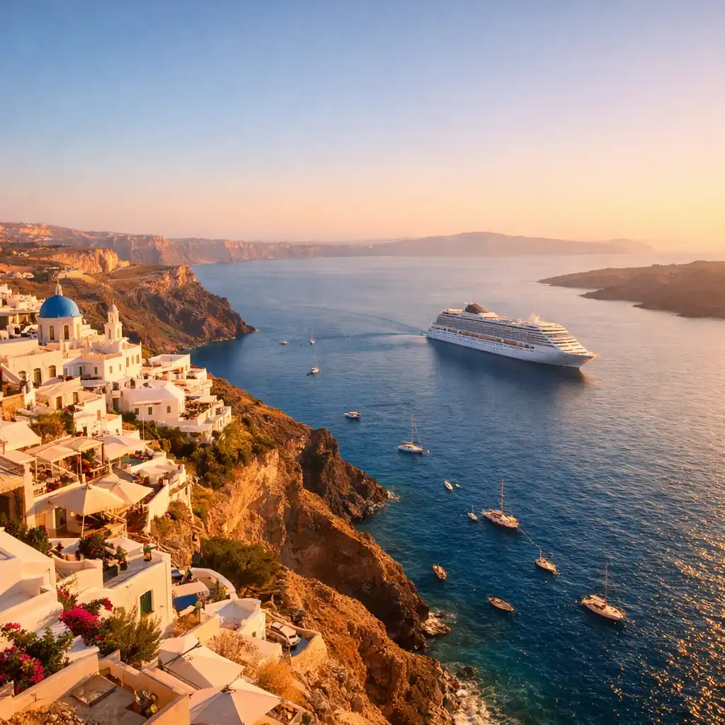 White-washed Mediterranean village on a cliff overlooking a deep blue sea, with a cruise ship anchored in the distance at golden hour