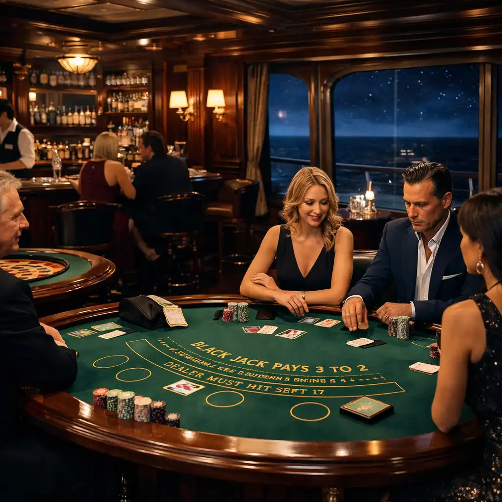 Luxurious onboard casino lounge with rich wood, brass fixtures, and ocean views at night