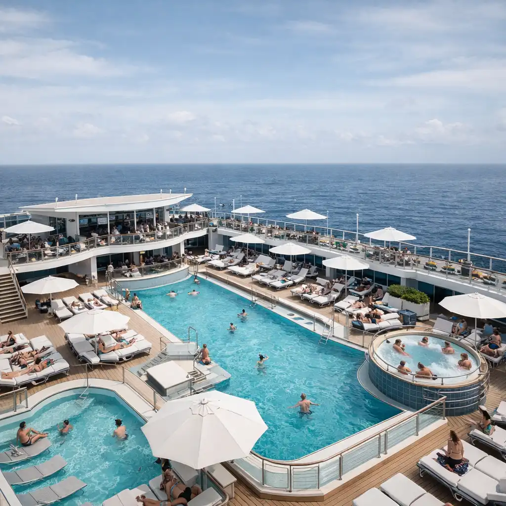 Rooftop pool deck with turquoise water, white loungers, and an ocean horizon in the background