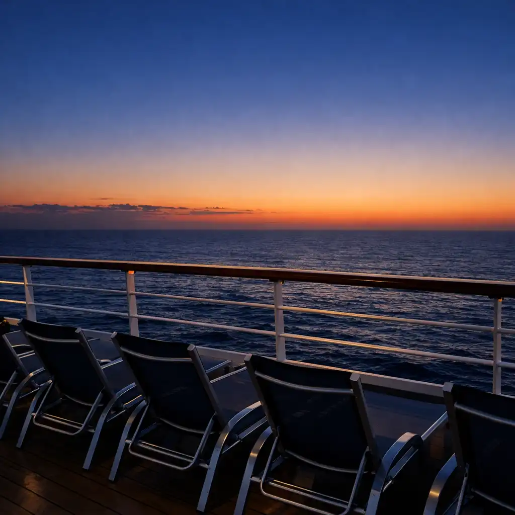 View from a cruise ship deck at dusk, with lounge chairs and a gradient sky over the ocean
