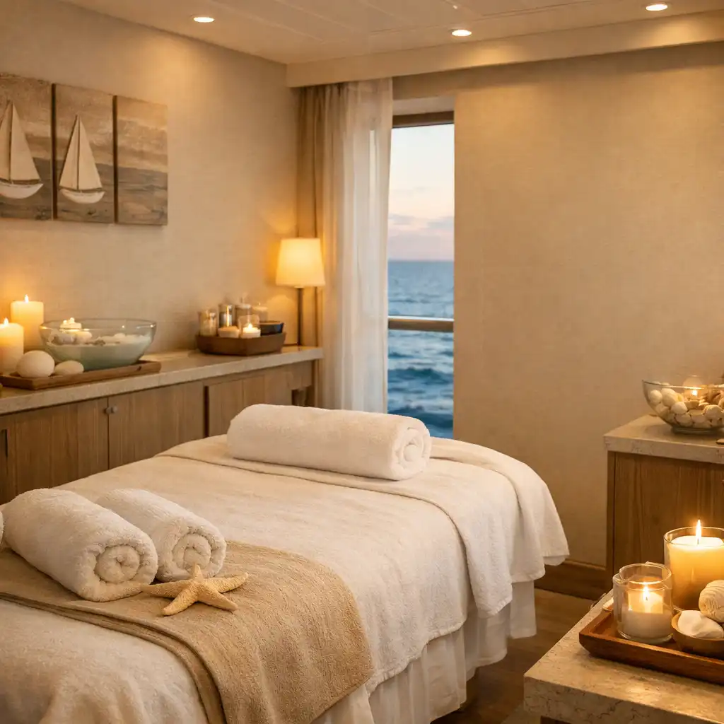 Serene spa treatment room with massage table and candles