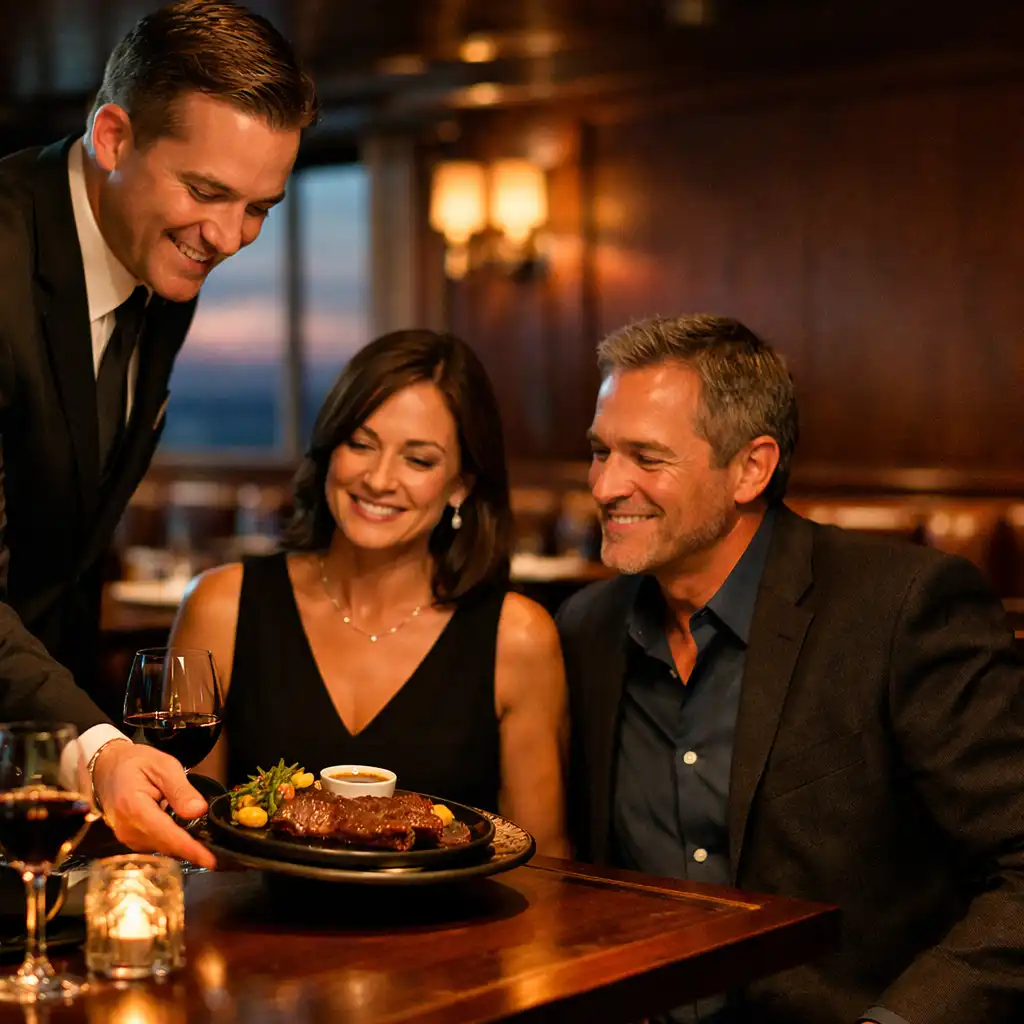 Intimate speciality restaurant with dark wood and warm lighting