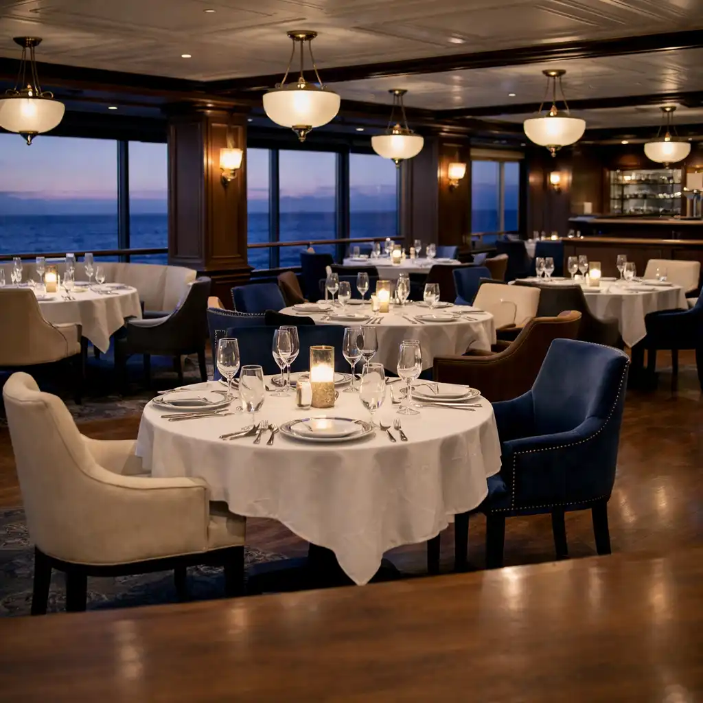 Elegant specialty restaurant interior with warm wood panelling, brass accents, and tables set with fine china