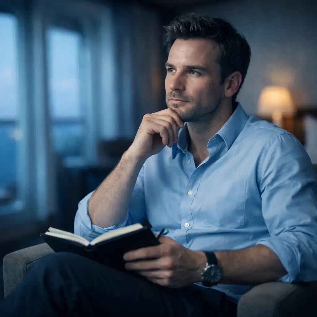 Portrait of the Senior Cruise Reviewer seated in a luxury cabin with a notebook