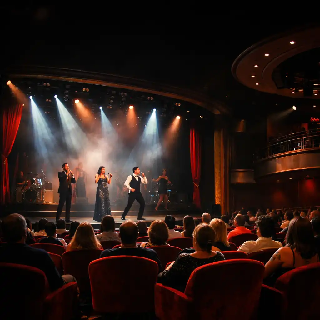Grand theatre with live performance and dramatic lighting