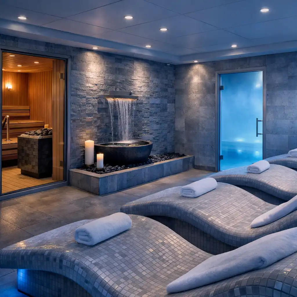 Luxurious thermal suite with heated loungers and stone tiles