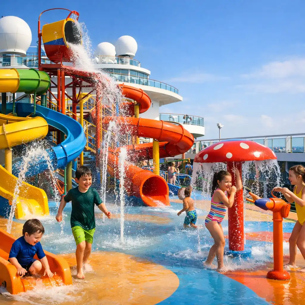 Family water park with colourful slides and splash zones